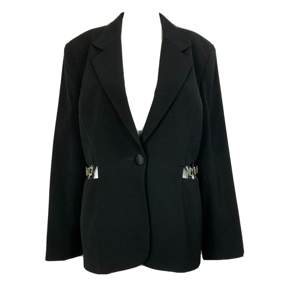 Nina Austin Jacket‎ Blazer Womens Sz 10 Black Rhinestone Buckle Waist Button